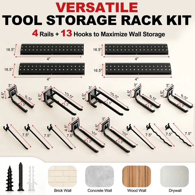 Alt view image 2 of 7 - Garage Tool Organizer Wall Mount 66 inches with 13 Adjustable Heavy-Duty Hooks, Garage Organization, Garden Tool Storage Rack, Yard, and Shed, Holds Up to 520 lbs