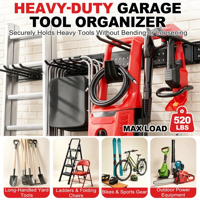 Alt view image 3 of 7 - Garage Tool Organizer Wall Mount 66 inches with 13 Adjustable Heavy-Duty Hooks, Garage Organization, Garden Tool Storage Rack, Yard, and Shed, Holds Up to 520 lbs