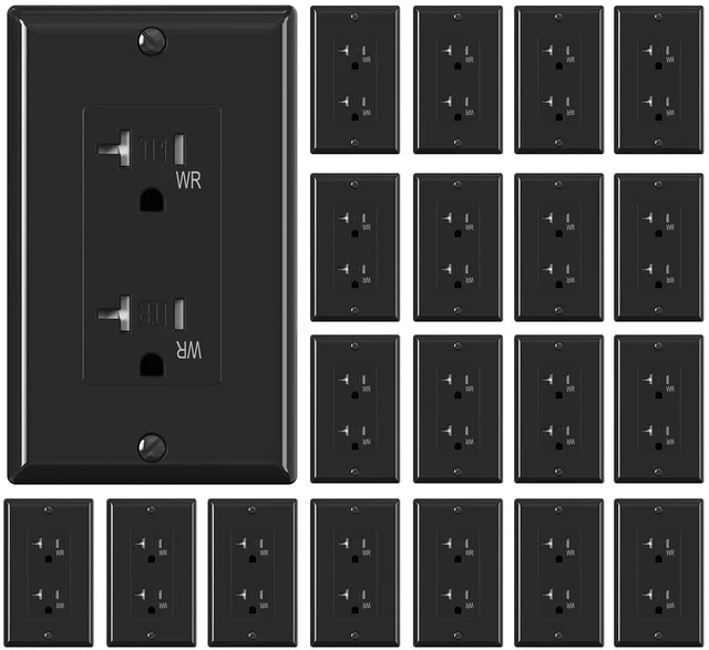 Main image of Glossy Black Decorator Wall Receptacle Outlets, TR Tamper Resistant & WR Weather Resistant, 20A 125V Electrical Outlet with Wall Plate, Self-grounding, 2 Pole 3 Wire, 5-20R, UL Listed, 20 Pack