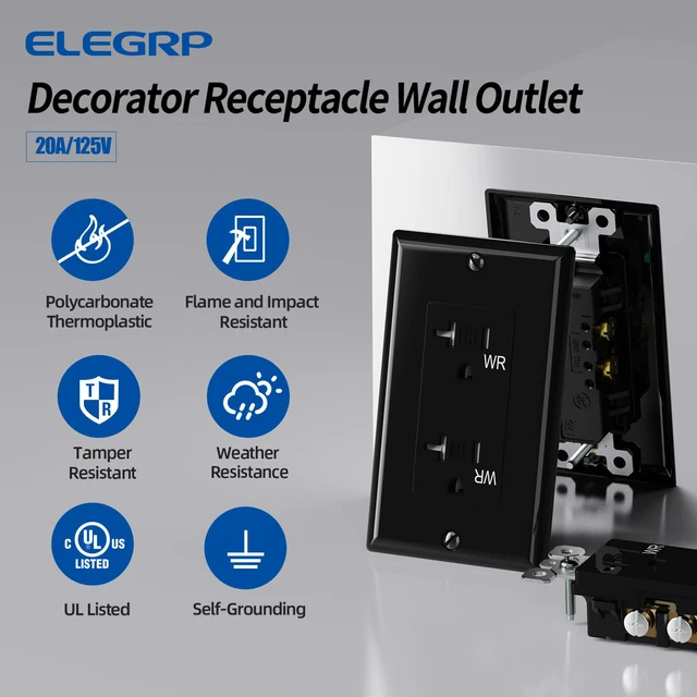 Alt view image 2 of 7 - Glossy Black Decorator Wall Receptacle Outlets, TR Tamper Resistant & WR Weather Resistant, 20A 125V Electrical Outlet with Wall Plate, Self-grounding, 2 Pole 3 Wire, 5-20R, UL Listed, 20 Pack