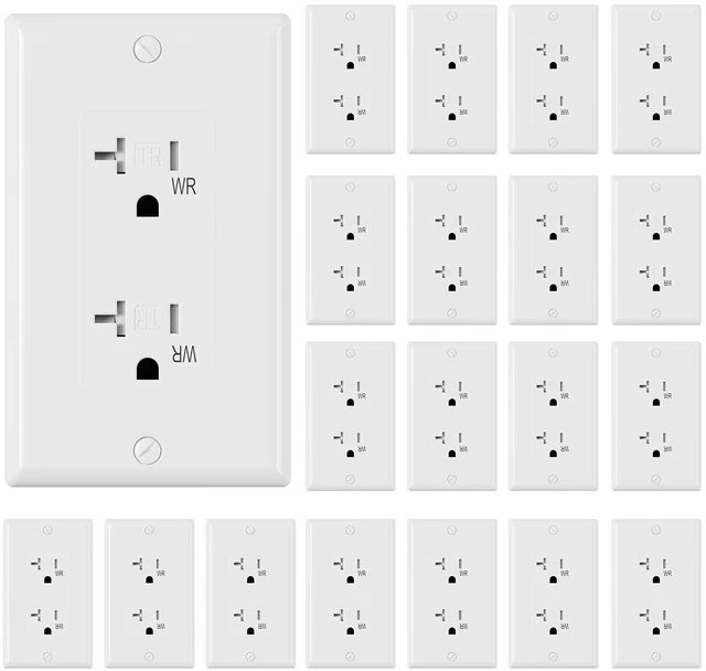 Main image of Glossy White Decorator Wall Receptacle Outlets, TR Tamper Resistant & WR Weather Resistant, 20A 125V Electrical Outlet with Wall Plate, Self-grounding, 2 Pole 3 Wire, 5-20R, UL Listed, 20 Pack