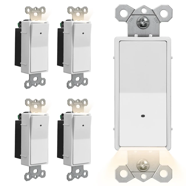 Main image of Illuminated Guide Light Switch for Hallway, Bedroom, Bathroom, 5 Pack Single Pole Decor Paddle Rocker Wall Switch, Dusk to Dawn On/Off Light Sensor, 15A 120V Grounding Wire, ETL Listed, White