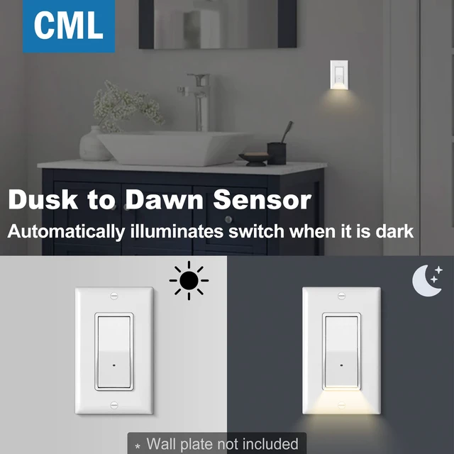 Alt view image 2 of 7 - Illuminated Guide Light Switch for Hallway, Bedroom, Bathroom, 10 Pack Single Pole Decor Paddle Rocker Wall Switch, Dusk to Dawn On/Off Light Sensor, 15 Amp 120V Grounding Wire, ETL Listed, White