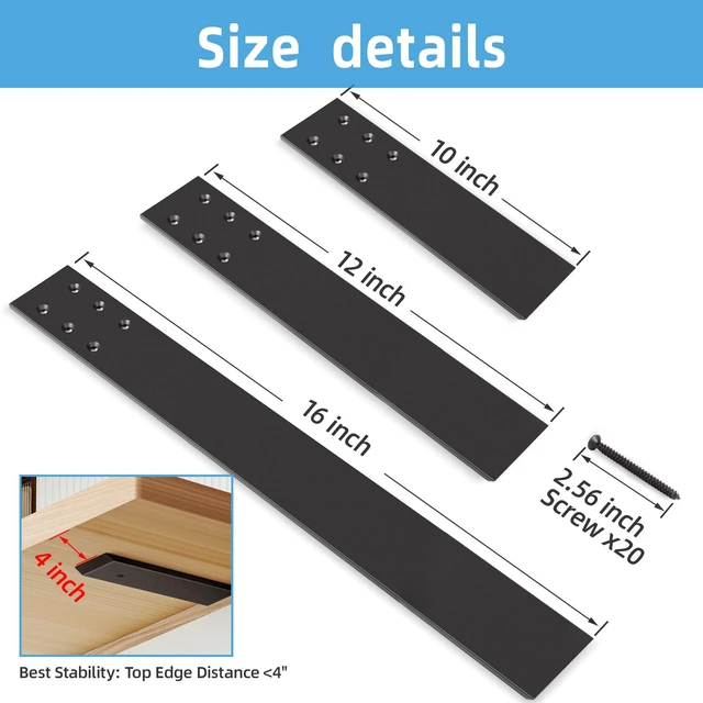 Alt view image 4 of 7 - 16 Inch Countertop Support Bracket, 3 Pack Solid Iron Heavy Duty Hidden Flat Floating Shelf Brackets, Top Mount Knee Wall Support Mantel Bracket Hardware for Wood Granite Quartz Countertop