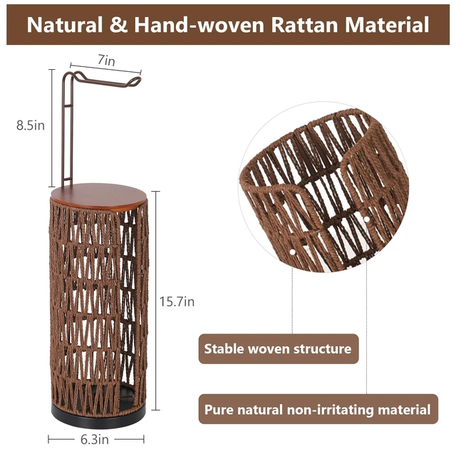 Alt view image 5 of 7 - Freestanding Toilet Paper Holder with Storage,3 Rolls of Rattan Tissue Holder for Bathroom,Woven Toilet Paper Roll Holder Stand,Boho Bathroom Decor Farmhouse Toilet Paper Storage-Deep Brown
