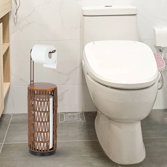 Alt view image 7 of 7 - Freestanding Toilet Paper Holder with Storage,3 Rolls of Rattan Tissue Holder for Bathroom,Woven Toilet Paper Roll Holder Stand,Boho Bathroom Decor Farmhouse Toilet Paper Storage-Deep Brown