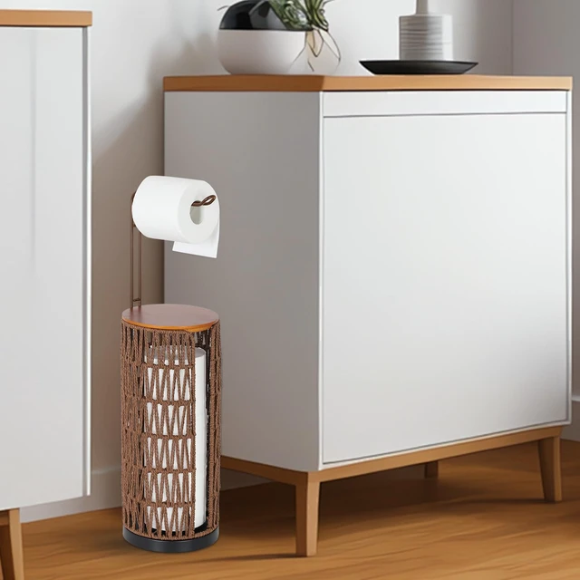 Alt view image 2 of 7 - Freestanding Toilet Paper Holder with Storage,3 Rolls of Rattan Tissue Holder for Bathroom,Woven Toilet Paper Roll Holder Stand,Boho Bathroom Decor Farmhouse Toilet Paper Storage-Deep Brown