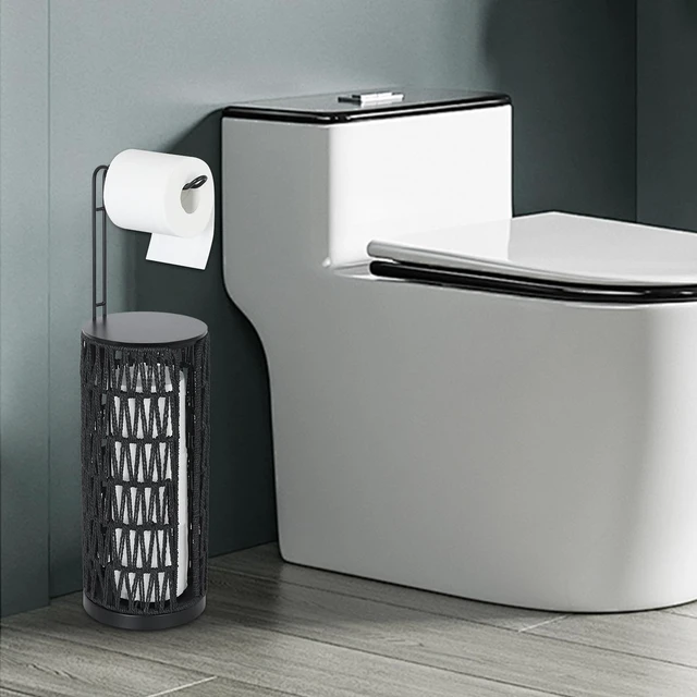 Alt view image 2 of 7 - Black Freestanding Toilet Paper Holder with Storage,3 Rolls of Tissue Holder for Bathroom,Handmade Woven Toilet Paper Roll Holder Stand,Rattan Sturdy Boho Bathroom