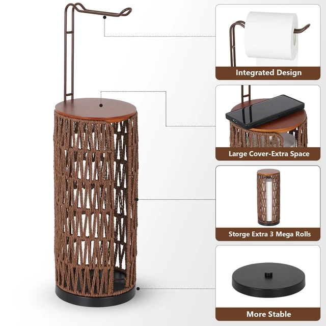 Alt view image 6 of 7 - Freestanding Toilet Paper Holder with Storage,3 Rolls of Rattan Tissue Holder for Bathroom,Woven Toilet Paper Roll Holder Stand,Boho Bathroom Decor Farmhouse Toilet Paper Storage-Deep Brown