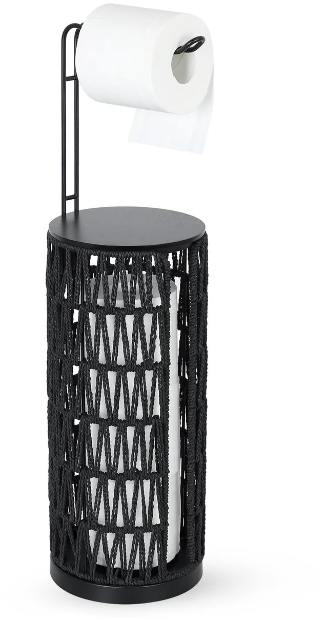 Main image of Black Freestanding Toilet Paper Holder with Storage,3 Rolls of Tissue Holder for Bathroom,Handmade Woven Toilet Paper Roll Holder Stand,Rattan Sturdy Boho Bathroom