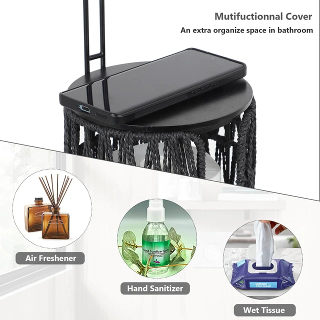 Alt view image 3 of 7 - Black Freestanding Toilet Paper Holder with Storage,3 Rolls of Tissue Holder for Bathroom,Handmade Woven Toilet Paper Roll Holder Stand,Rattan Sturdy Boho Bathroom