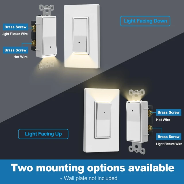 Alt view image 5 of 7 - Illuminated Guide Light Switch for Hallway, Bedroom, Bathroom, 10 Pack Single Pole Decor Paddle Rocker Wall Switch, Dusk to Dawn On/Off Light Sensor, 15 Amp 120V Grounding Wire, ETL Listed, White