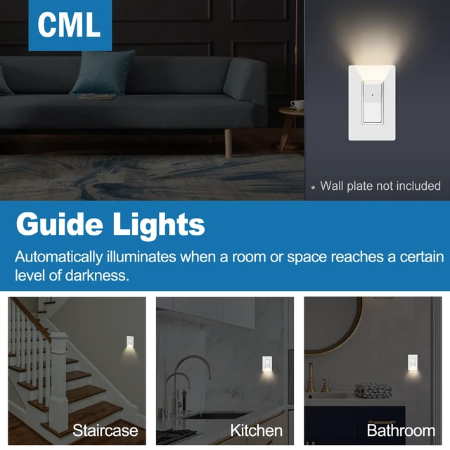 Alt view image 3 of 7 - Illuminated Guide Light Switch for Hallway, Bedroom, Bathroom, 10 Pack Single Pole Decor Paddle Rocker Wall Switch, Dusk to Dawn On/Off Light Sensor, 15 Amp 120V Grounding Wire, ETL Listed, White