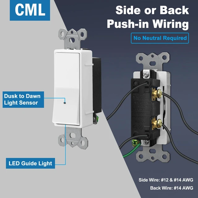 Alt view image 7 of 7 - Illuminated Guide Light Switch for Hallway, Bedroom, Bathroom, 10 Pack Single Pole Decor Paddle Rocker Wall Switch, Dusk to Dawn On/Off Light Sensor, 15 Amp 120V Grounding Wire, ETL Listed, White