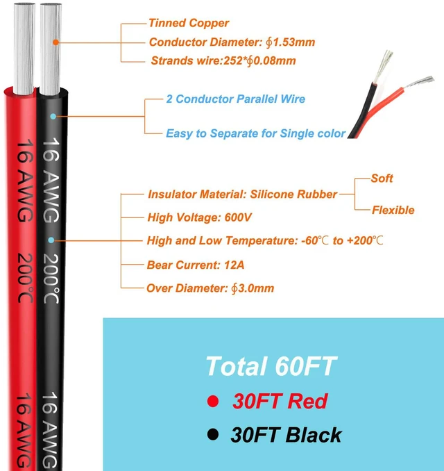 Alt view image 2 of 7 - 16 awg Silicone Electrical Wire Cables 2 Cores 30ft Spool 16 Gauge Soft and Flexible Hook Up Oxygen Free Strands Tinned Copper Wire