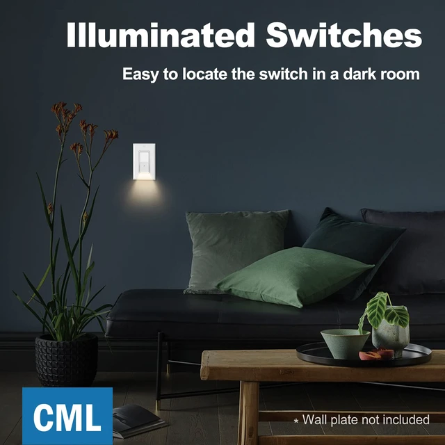 Alt view image 7 of 7 - Illuminated Guide Light Switch for Hallway, Bedroom, Bathroom, 5 Pack Single Pole Decor Paddle Rocker Wall Switch, Dusk to Dawn On/Off Light Sensor, 15A 120V Grounding Wire, ETL Listed, White