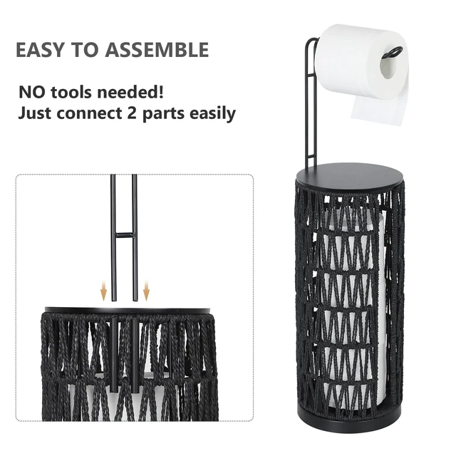 Alt view image 4 of 7 - Black Freestanding Toilet Paper Holder with Storage,3 Rolls of Tissue Holder for Bathroom,Handmade Woven Toilet Paper Roll Holder Stand,Rattan Sturdy Boho Bathroom