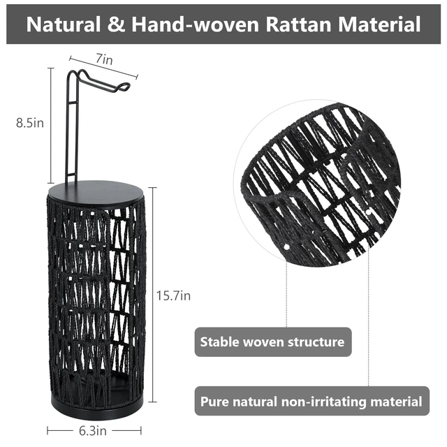 Alt view image 5 of 7 - Black Freestanding Toilet Paper Holder with Storage,3 Rolls of Tissue Holder for Bathroom,Handmade Woven Toilet Paper Roll Holder Stand,Rattan Sturdy Boho Bathroom