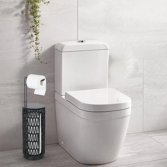 Alt view image 7 of 7 - Black Freestanding Toilet Paper Holder with Storage,3 Rolls of Tissue Holder for Bathroom,Handmade Woven Toilet Paper Roll Holder Stand,Rattan Sturdy Boho Bathroom