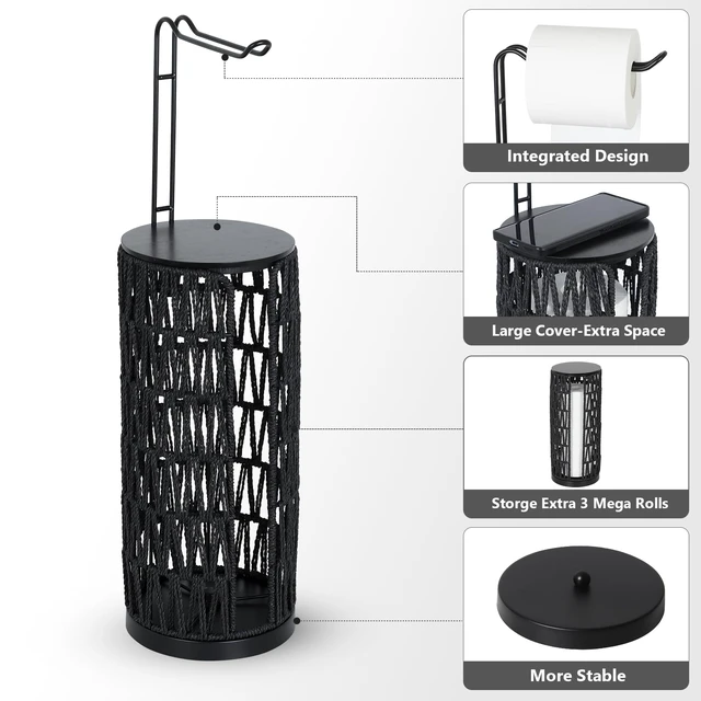 Alt view image 6 of 7 - Black Freestanding Toilet Paper Holder with Storage,3 Rolls of Tissue Holder for Bathroom,Handmade Woven Toilet Paper Roll Holder Stand,Rattan Sturdy Boho Bathroom