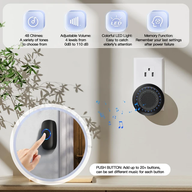 Alt view image 4 of 7 - Wireless Doorbell, Wireless Doorbell for Classroom 3 Buttons 2 Receivers Operating at 1000 ft Range, 48 Melodies 5 Volume Levels & LED Flash, Waterproof Doorbell Chime Kits for Home