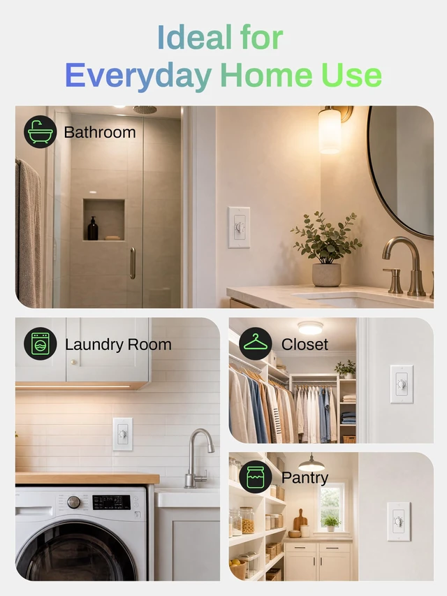 Alt view image 7 of 7 - 60 Min Bathroom Fan Timer Switch for Lights Exhaust Fan, No Neutral Spring Wound Countdown Light Switch Timer Mechanical Timer Light Switch with 1 Minute Intervals, Auto Shut Off, 20A 1HP, ETL