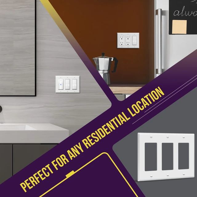 Alt view image 4 of 7 - Decorator Light Switch or Receptacle Outlet Wall Plate, Gloss Finish, Size 3-Gang 4.50" x 6.38", Polycarbonate Thermoplastic, 8833-W, White (Pack of 2)