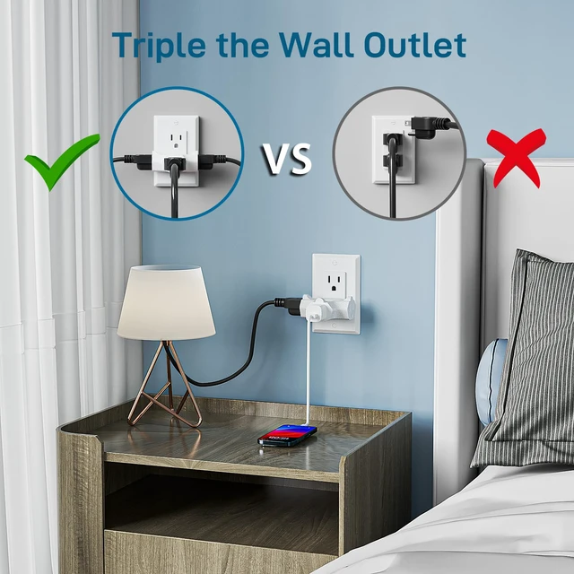 Alt view image 4 of 7 - 3 Outlet Grounding Adapter, Heavy Duty Plug Extender 3 Pack White