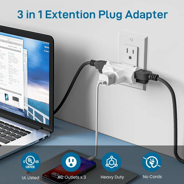 Alt view image 2 of 7 - 3 Outlet Grounding Adapter, Heavy Duty Plug Extender 3 Pack White