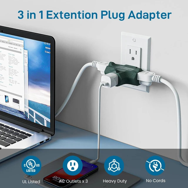 Alt view image 2 of 7 - 3 Outlet Grounding Adapter, Heavy Duty Plug Extender 3 Pack Green