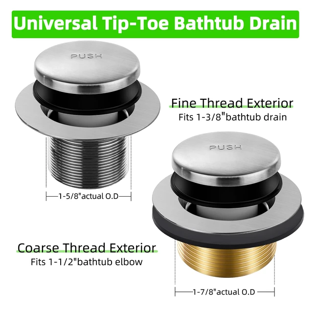 Alt view image 2 of 6 - Tub Drain Kit with Bathtub Drain Stopper (Brushed Nickel) Tip-Toe Tub Drain Trim Set with Two-Hole Overflow Plate, Replacement Conversion Assembly with Universal Fine & Coarse Thread