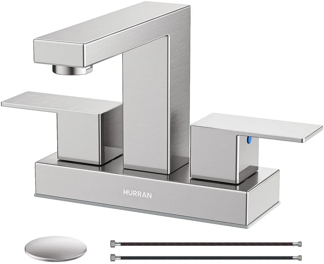 Main image of Bathroom Sink Faucet, 4 inch Brushed Nickel Faucet Stainless Steel Bathroom Faucets for Sink 3 Hole with Pop-up Drain and Supply Lines, 2-Handle Faucet for Vanity RV Restroom