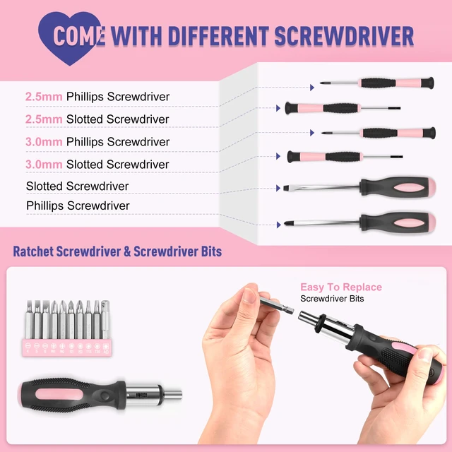 Alt view image 4 of 7 - 148 Pcs Portable Basic Hand Repair Home Tool Kit Set with Case Pink with Ratchet Screwdriver & Adjustable Wrench & Water Pump Pliers, Women Tool Set for Household House Garage Apartment Dorm