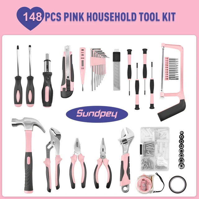 Alt view image 2 of 7 - 148 Pcs Portable Basic Hand Repair Home Tool Kit Set with Case Pink with Ratchet Screwdriver & Adjustable Wrench & Water Pump Pliers, Women Tool Set for Household House Garage Apartment Dorm