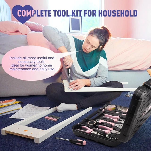 Alt view image 5 of 7 - 148 Pcs Portable Basic Hand Repair Home Tool Kit Set with Case Pink with Ratchet Screwdriver & Adjustable Wrench & Water Pump Pliers, Women Tool Set for Household House Garage Apartment Dorm