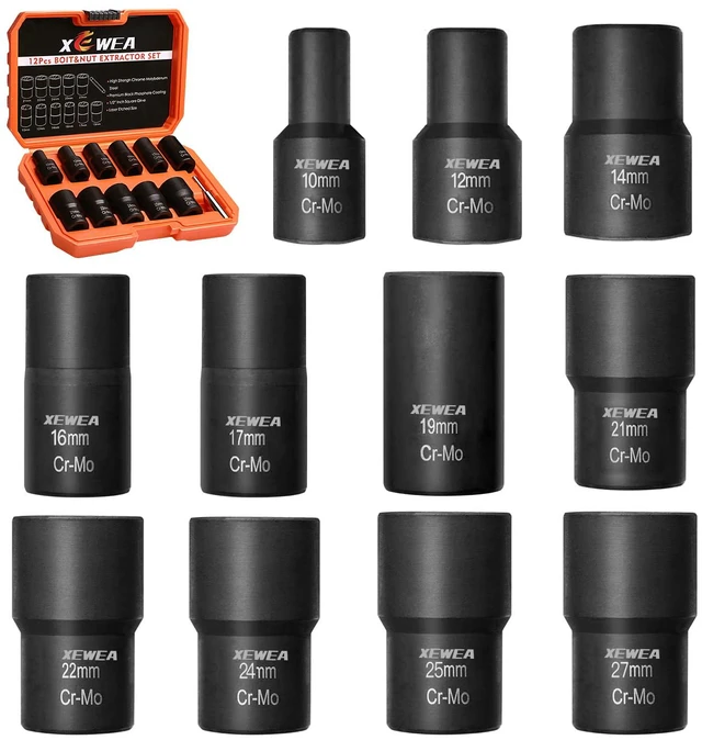 Main image of 12PCS 1/2-Inch Drive Lug Nut Remover Set, Wheel Lock Removal Kit Stripped Wheel Lock Removal Extractor, Cr-Mo Twist Socket Kit, For Removing Damaged, Frozen, Rusted, Studs