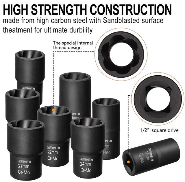 Alt view image 3 of 7 - 12PCS 1/2-Inch Drive Lug Nut Remover Set, Wheel Lock Removal Kit Stripped Wheel Lock Removal Extractor, Cr-Mo Twist Socket Kit, For Removing Damaged, Frozen, Rusted, Studs