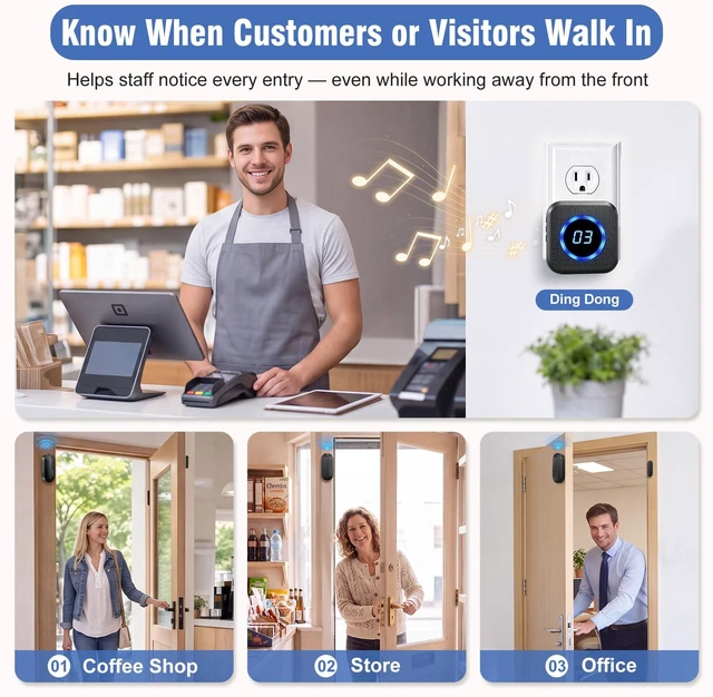 Alt view image 3 of 7 - Door Chime, Know Which Door Opened, Home & Business Entry Chime Door Sensor Chime for Store/Office, Door-Open Alerts for Kids & Elderly, 600 Ft Range, 40 Tones, 5 Volume Levels up to 110 dB