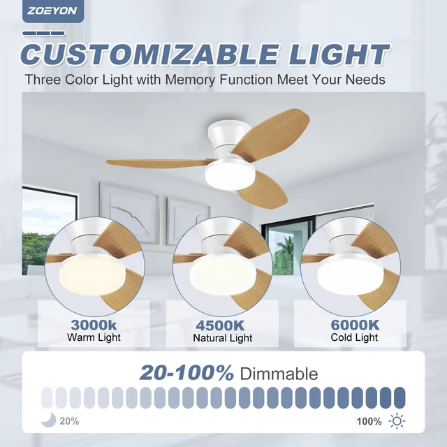 Alt view image 4 of 7 - Small White&Wood Ceiling Fan with Light - 35 Inch Flush Mount Ceiling Fan with Lights and Remote, Low Profile Ceiling Fans with 3 Reversible Blades, 6 Speeds, Ceiling Fans for Bedroom Kitchen