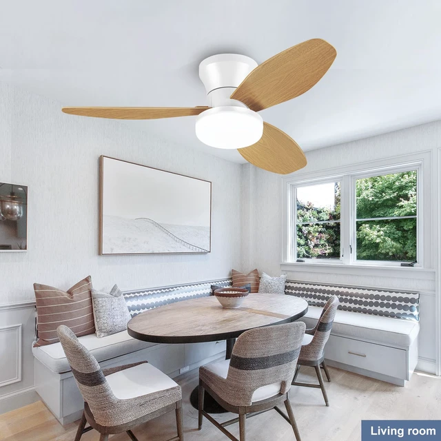 Alt view image 7 of 7 - Small White&Wood Ceiling Fan with Light - 35 Inch Flush Mount Ceiling Fan with Lights and Remote, Low Profile Ceiling Fans with 3 Reversible Blades, 6 Speeds, Ceiling Fans for Bedroom Kitchen