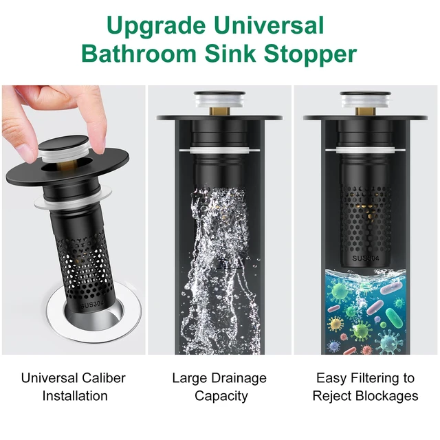 Alt view image 3 of 7 - Bathroom Sink Drain Strainer,Universal Pop-Up Sink Stopper Hair Catcher Anti-Clog Stainless Steel Drain Filter Basket, Removable Sink Drain for Bathroom Sink Stopper