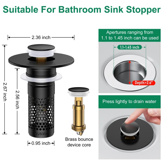 Alt view image 2 of 7 - Bathroom Sink Drain Strainer,Universal Pop-Up Sink Stopper Hair Catcher Anti-Clog Stainless Steel Drain Filter Basket, Removable Sink Drain for Bathroom Sink Stopper
