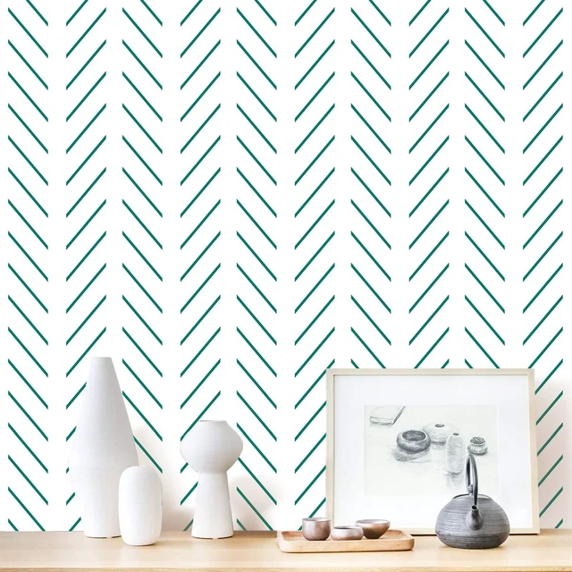 Main image of Peel and Stick Wallpaper Green Herringbone Wallpaper for Bathroom 17.7in x 393.7in Modern Geometric Removable Contact Paper Green and White Line Peel Stick Self Adhesive Wallpaper for Walls
