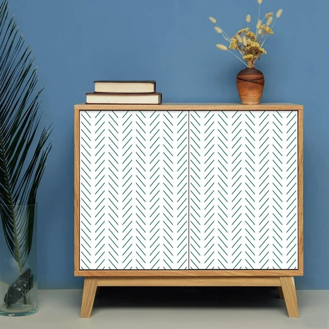 Alt view image 3 of 7 - Peel and Stick Wallpaper Green Herringbone Wallpaper for Bathroom 17.7in x 393.7in Modern Geometric Removable Contact Paper Green and White Line Peel Stick Self Adhesive Wallpaper for Walls