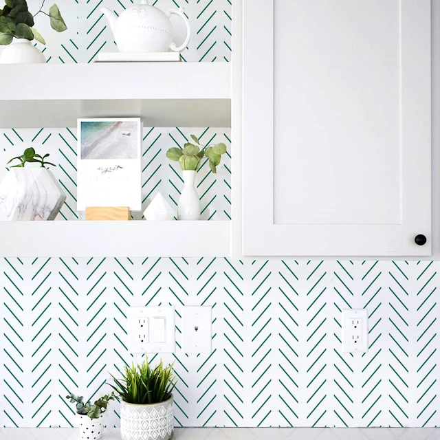 Alt view image 4 of 7 - Peel and Stick Wallpaper Green Herringbone Wallpaper for Bathroom 17.7in x 393.7in Modern Geometric Removable Contact Paper Green and White Line Peel Stick Self Adhesive Wallpaper for Walls