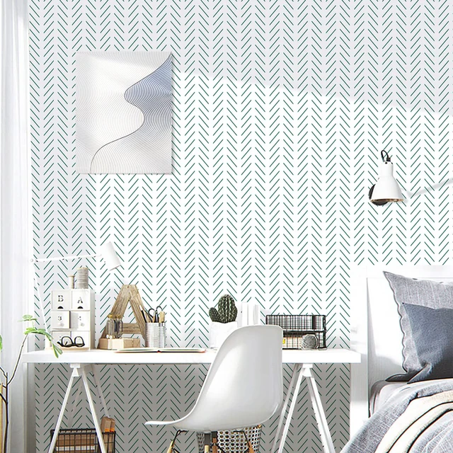 Alt view image 2 of 7 - Peel and Stick Wallpaper Green Herringbone Wallpaper for Bathroom 17.7in x 393.7in Modern Geometric Removable Contact Paper Green and White Line Peel Stick Self Adhesive Wallpaper for Walls