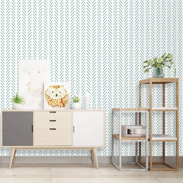 Alt view image 5 of 7 - Peel and Stick Wallpaper Green Herringbone Wallpaper for Bathroom 17.7in x 393.7in Modern Geometric Removable Contact Paper Green and White Line Peel Stick Self Adhesive Wallpaper for Walls