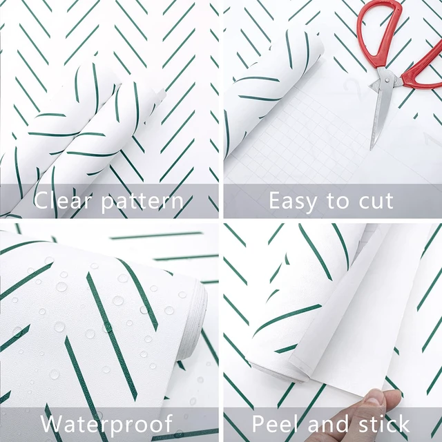 Alt view image 6 of 7 - Peel and Stick Wallpaper Green Herringbone Wallpaper for Bathroom 17.7in x 393.7in Modern Geometric Removable Contact Paper Green and White Line Peel Stick Self Adhesive Wallpaper for Walls