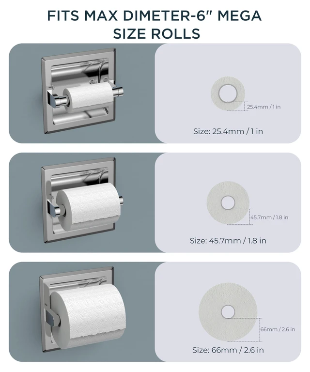 Alt view image 6 of 7 - Recessed Toilet Paper Holder for Mega Rolls, Chrome Stainless Steel Tissue Roll Holder Wall Mount for Bathroom Space-Saving Design, in Wall Toilet Paper Dispenser Insert
