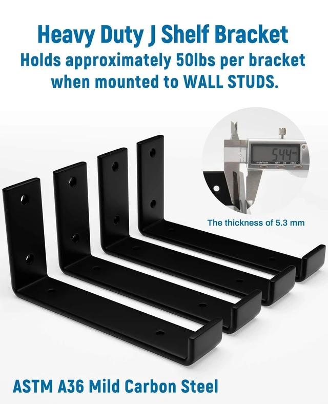 Alt view image 4 of 7 - 10 inch Shelf Brackets 4-Pack, 1/5" Thick Floating Shelf Bracket 9.25" x 6" x 1.5", Heavy Duty Shelf Support for DIY Wall Shelf, Black Industrial Bracket for Kitchen, Garage, Living Room